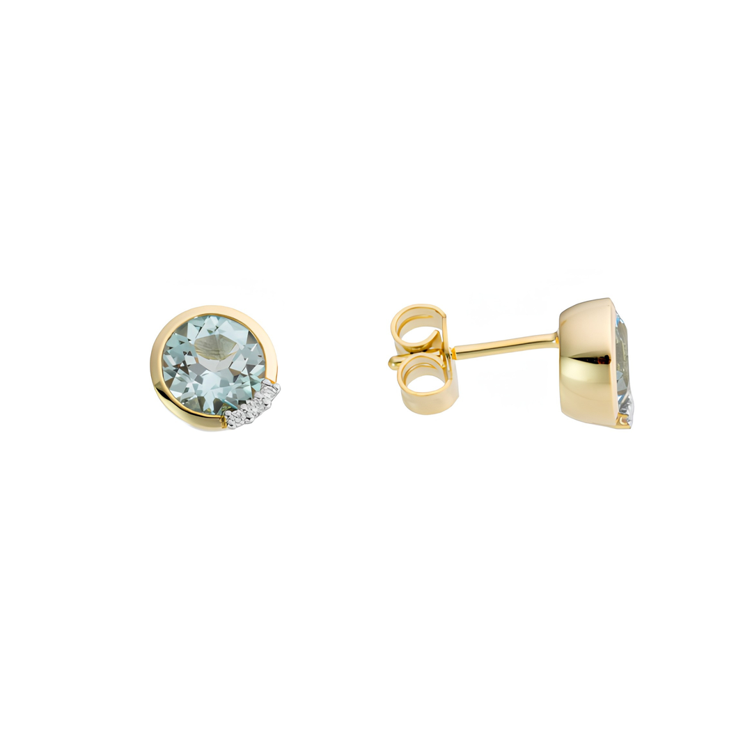 14K Yellow And White Gold 6mm Round Blue Topaz And 0.02 CTW Diamond Stud Earrings