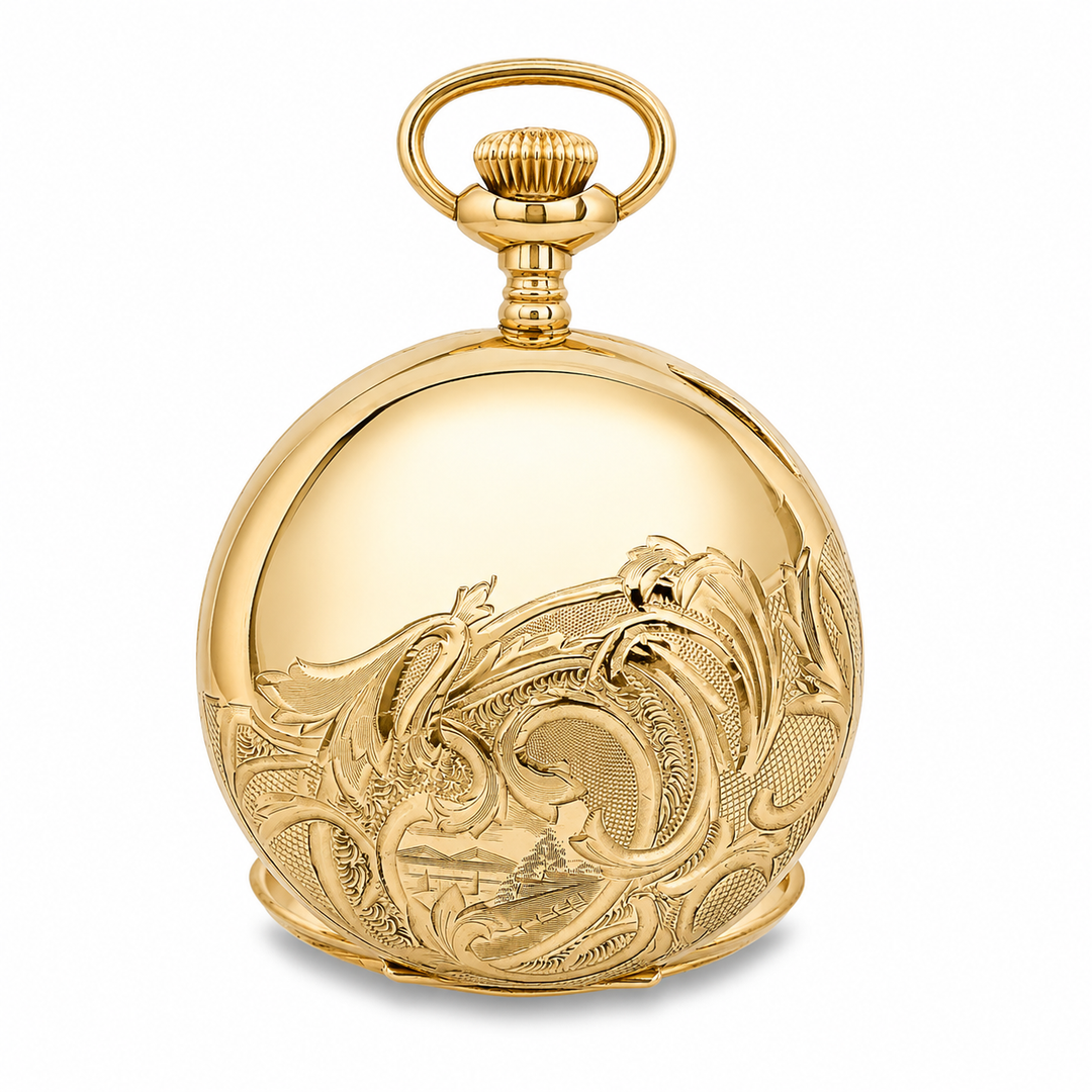 Estate - 14 Karat Yellow Gold Waltham Pocket Watch With Hand Engraved Detail And White Dial