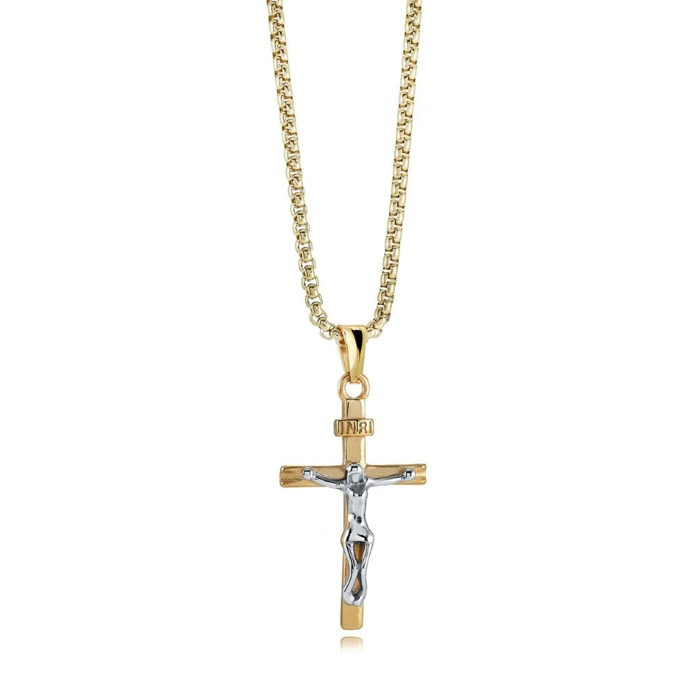 Italgem Stainless Steel Yellow Gold Plated 2-Tone Polished Crucifix Pendant, Complete With Round Box Link 22" Chain