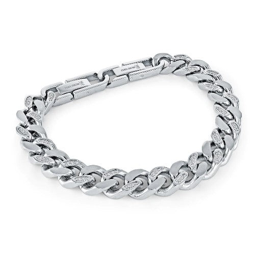 Italgem Stainless Steel Brushed And Polished Curb Link Adjustable 8" Bracelet Bead Set With Clear Round Cubic Zirconias