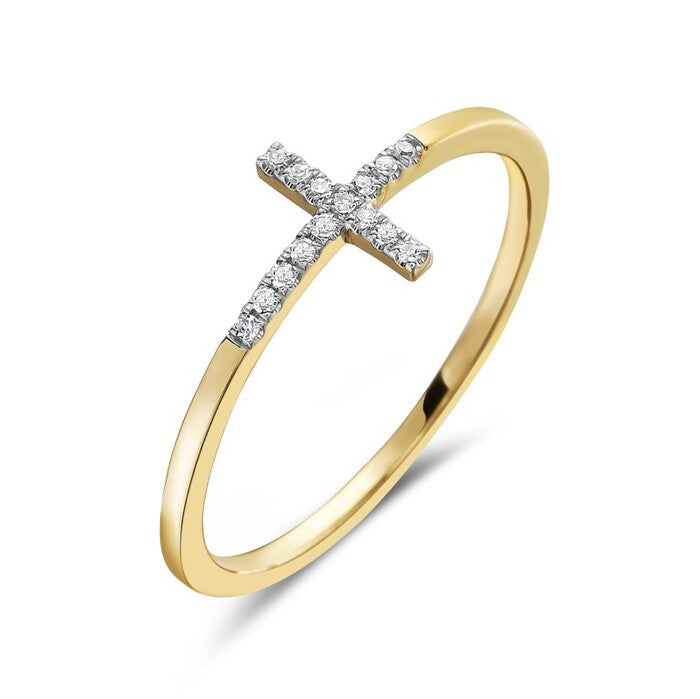 14K Yellow Gold  - Bassali Jewelry Collection -  0.05 CTW Diamond Set Woman's Cross Ring