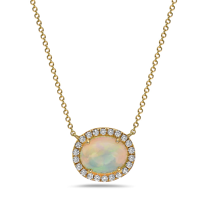 14K Yellow Gold Natural 1.81 CT Oval Opal And 0.22 TDW Diamond Necklace