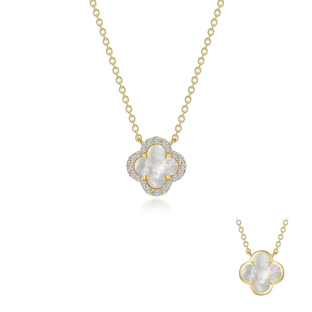 Lafonn Sterling Silver Gold Plated Cable Link Necklace With Stationed White Mother Of Pearl And Cubic Zirconia Clover Pendant