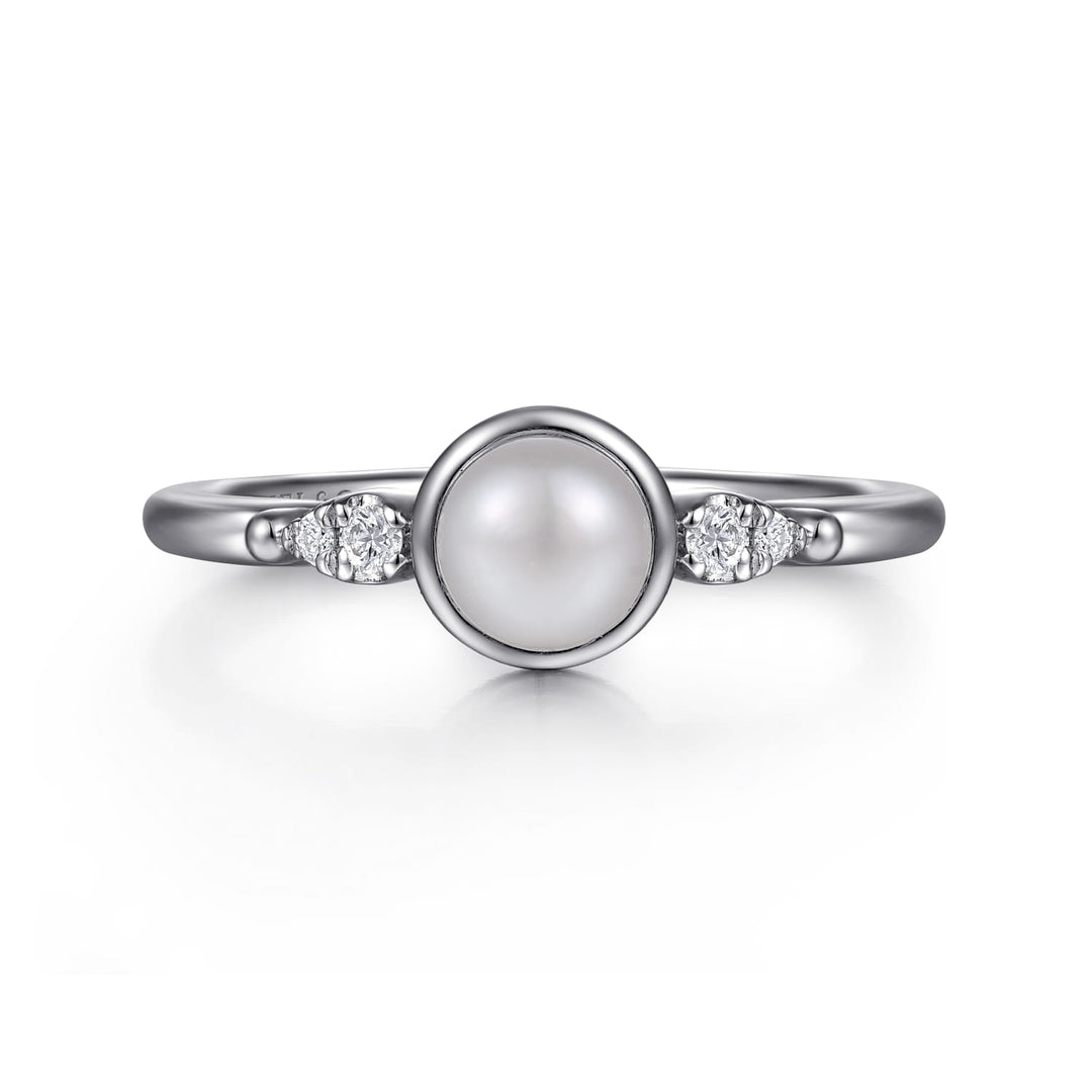 Sterling Silver Gabriel & Co. Bezel Set Ring With Pearl And Diamonds
