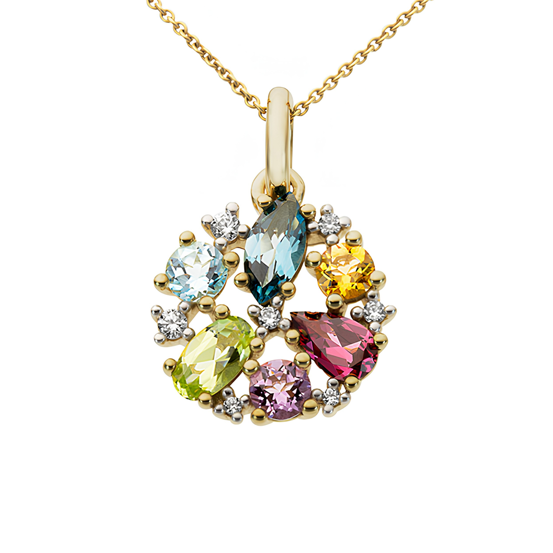 14K Yellow And White Gold Multi-Coloured Stone Pendant With 0.06 CTW Of Diamonds