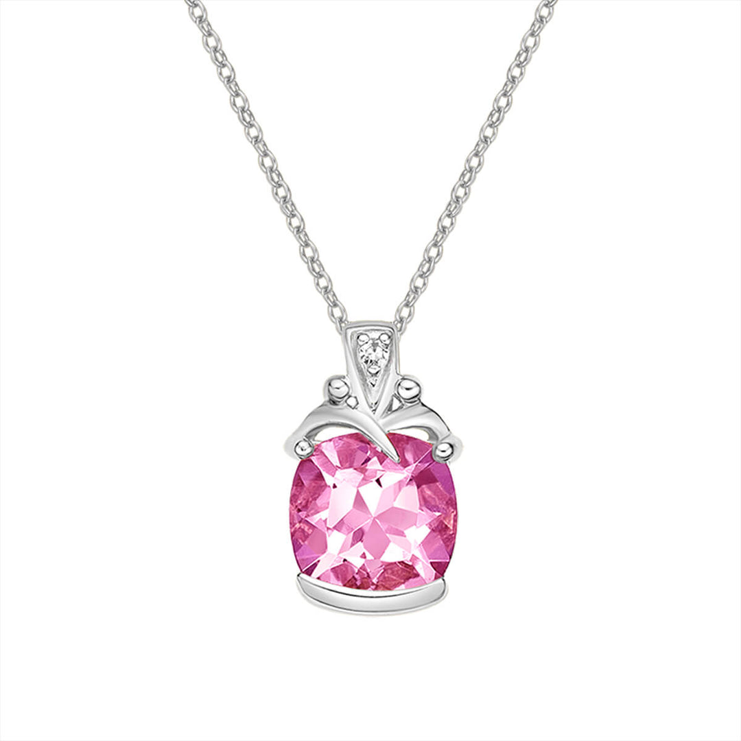 10K White Gold 5x5mm Cushion Cut Created Pink Sapphire And 0.005 CTW Diamond Necklace