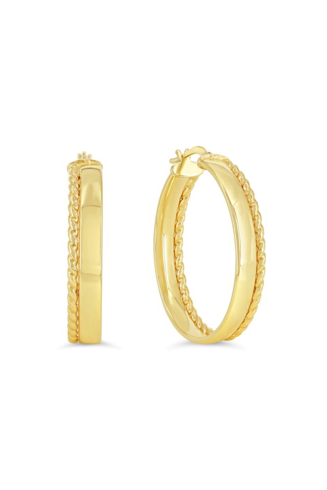 sempreORO Sterling Silver 14 Karat Gold Bonded Rope-Edge Hoop Earrings