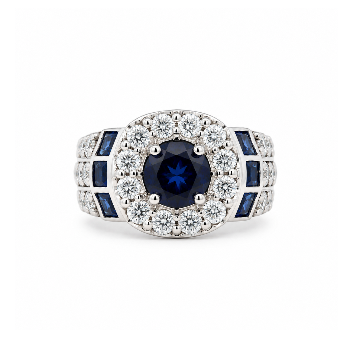 Estate - 14K White Gold Lab-Grown Blue Sapphires And 1.57 CTW Diamond Women's Ring, Size 5.5