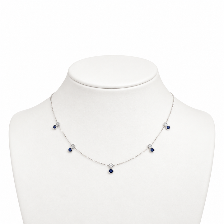 14K White Gold 0.25 CTW Round Sapphire And 0.11 CTW Diamond Necklace