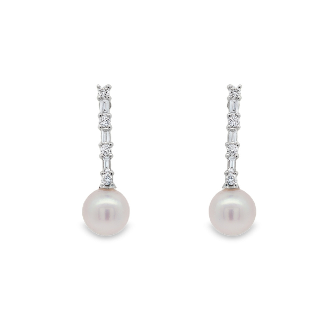 Women's 14 Karat White Gold 6mm White Cultured Pearl Drop Earrings With 0.21 CTW Of Diamonds