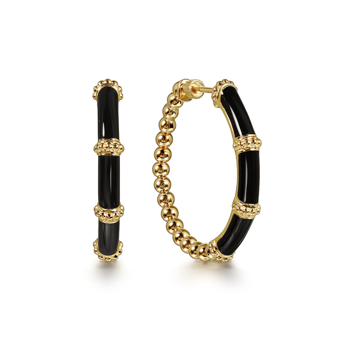 14K Yellow Gold Large Hoop Earrings With Black Enamel