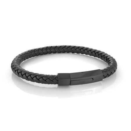 Italgem Stainless Steel Black Plated And Black Leather Bracelet