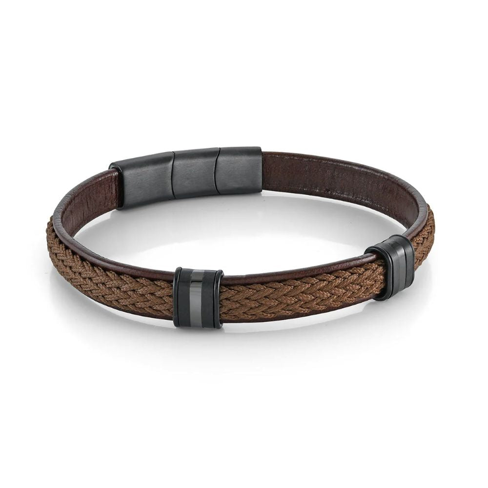 Italgem Black Stainless Steel, Brown Leather & Brown Cord Bracelet