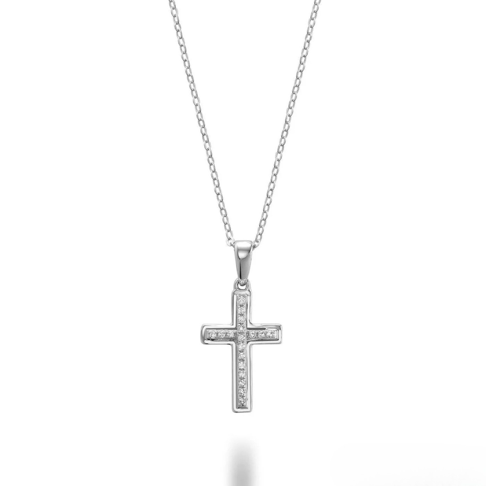 14K White Gold 0.06 CTW Diamond Cross Necklace With 18" Chain
