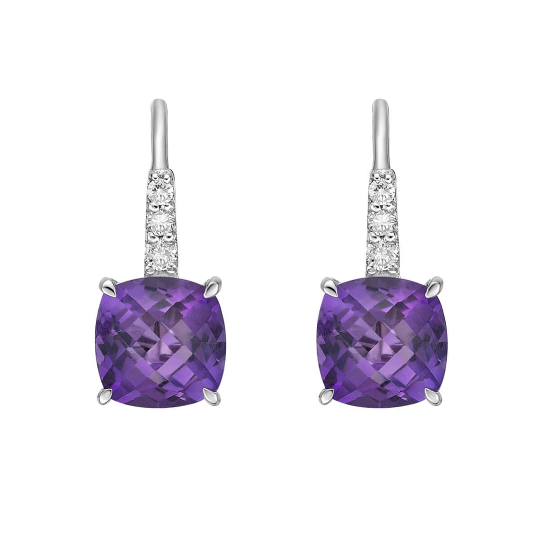 10K White Gold 6x6mm Cushion Amethyst And 0.07 TDW Diamond Drop Earrings