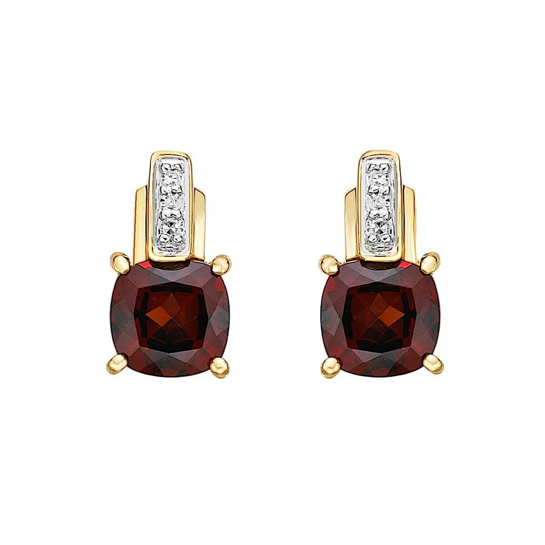 10K Yellow And White Gold 5x5mm Each Cushion Garnet And 0.03 TDW Diamond Stud Earrings