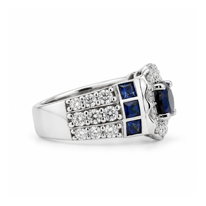 Estate - 14K White Gold Lab-Grown Blue Sapphires And 1.57 CTW Diamond Women's Ring, Size 5.5