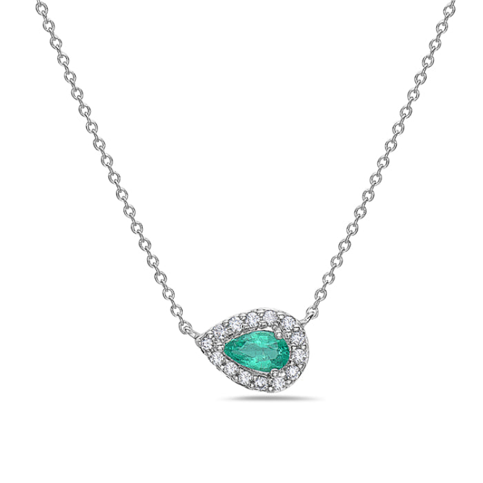 14K White Gold Natural 0.23 CT Pear Emerald And 0.08 TDW Diamond Necklace