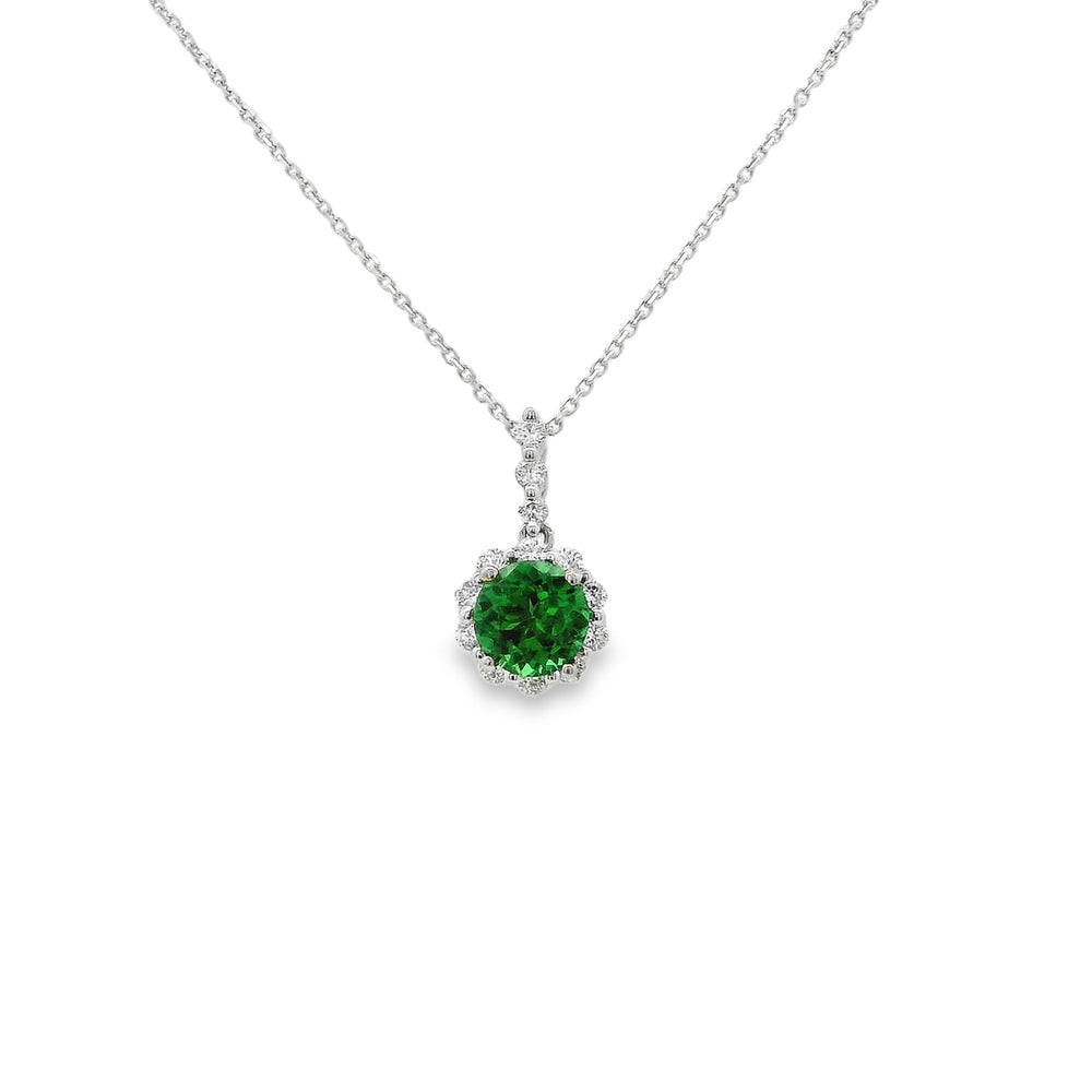 18 Karat White Gold Diamond Halo Pendent Featuring Tsavorite Garnet
