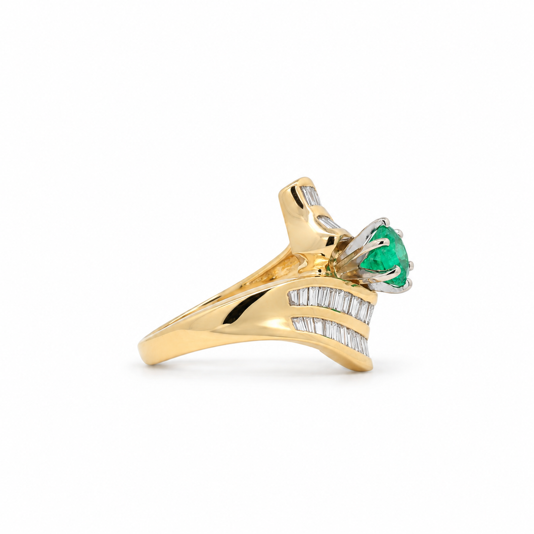Estate - 14K Yellow Gold Emerald And 0.83 CTW Diamond Ring, Size 7.25