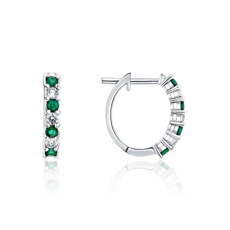 14K White Gold 0.36 CTW Round Emerald And 0.26 CTW Diamond Huggie Earrings