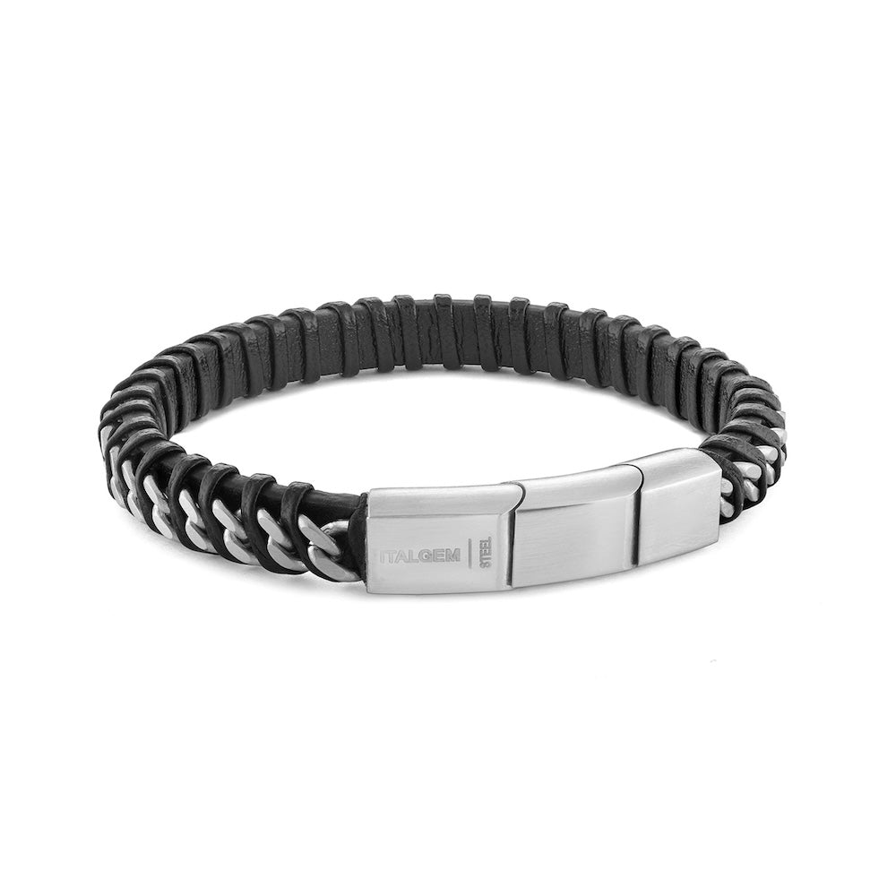 Italgem Stainless Steel And Black Leather Twisted Design Bracelet