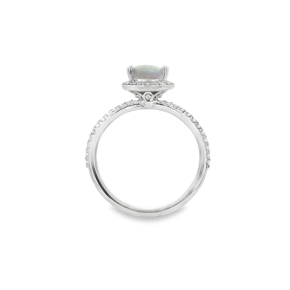 14K White Gold 9X6mm Australian Opal And 0.20 CTW Diamond Halo Ring