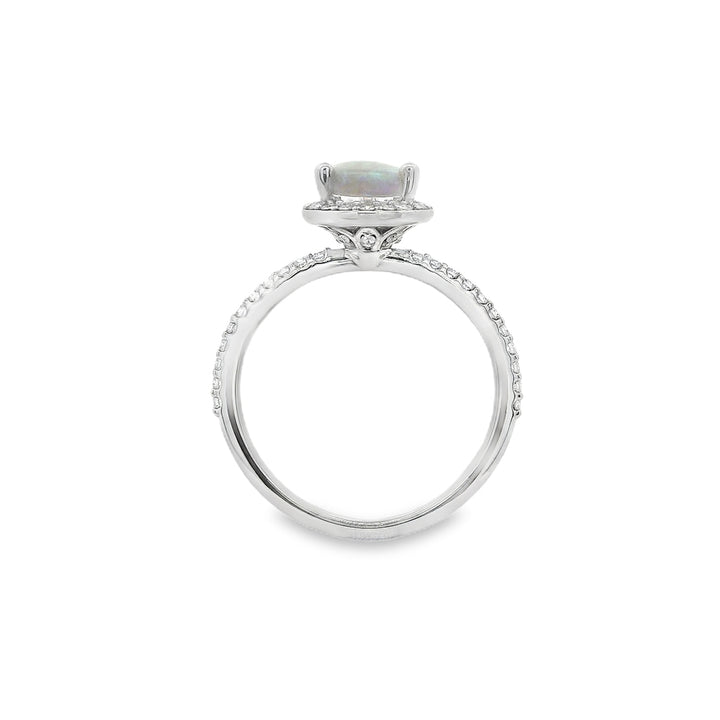 14K White Gold 9X6mm Australian Opal And 0.20 CTW Diamond Halo Ring