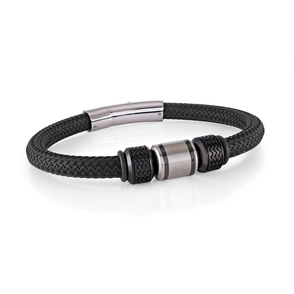 Black And Stainless Steel Black Tire Rubber Bracelet