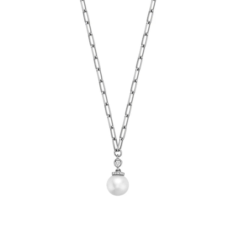 14K White Gold Paperclip Link 18" Necklace With A 7.5-8mm Pearl And 0.09 CTW Diamonds