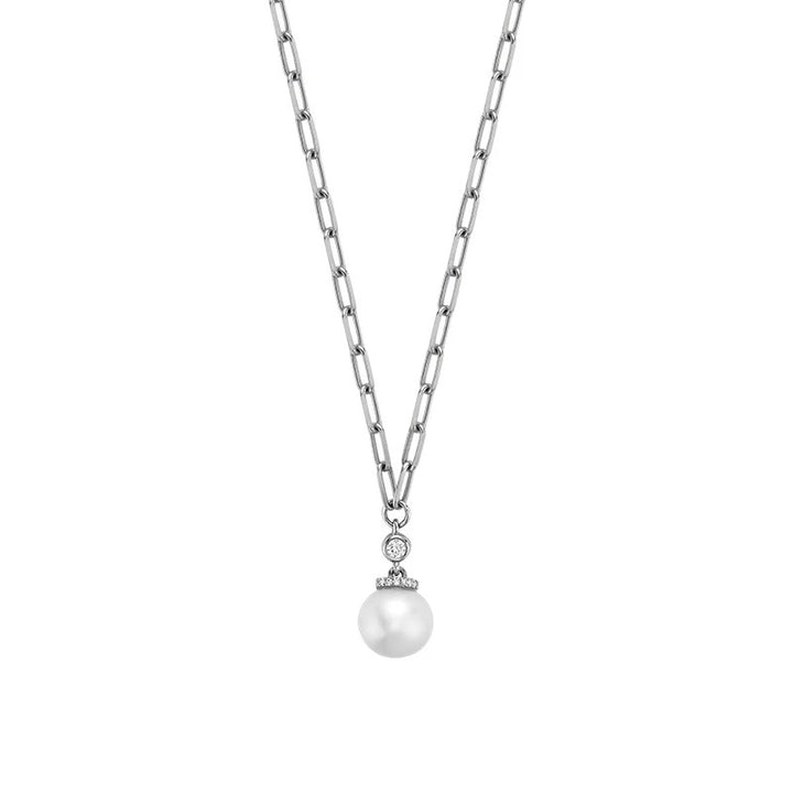 14K White Gold Paperclip Link 18" Necklace With A 7.5-8mm Pearl And 0.09 CTW Diamonds
