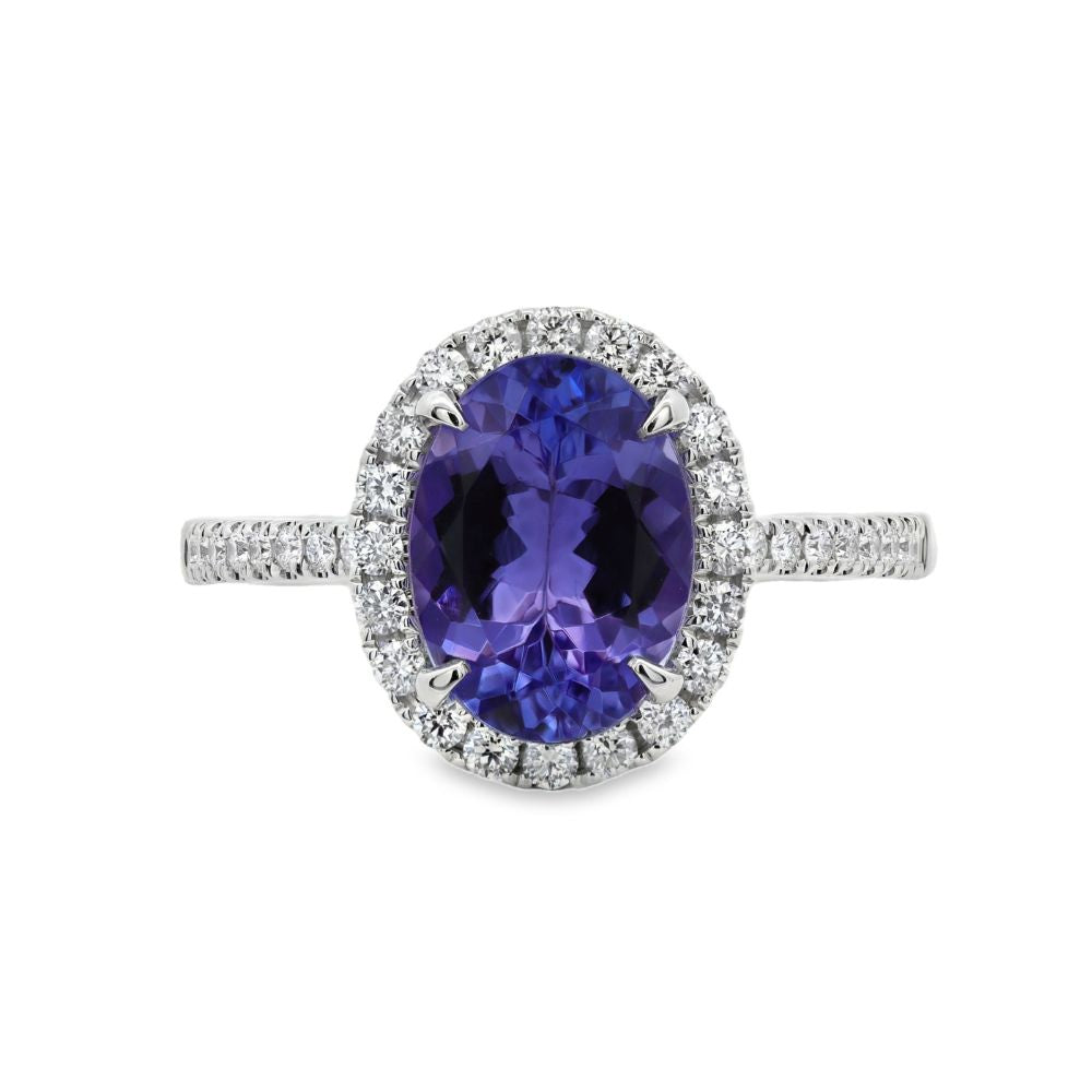 18K White Gold 2.59 CTW Tanzanite And 0.35 CTW Diamond Halo Ring