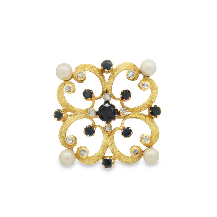 Estate - 14K Yellow Gold Brooch With Sapphires, Diamonds And Pearls