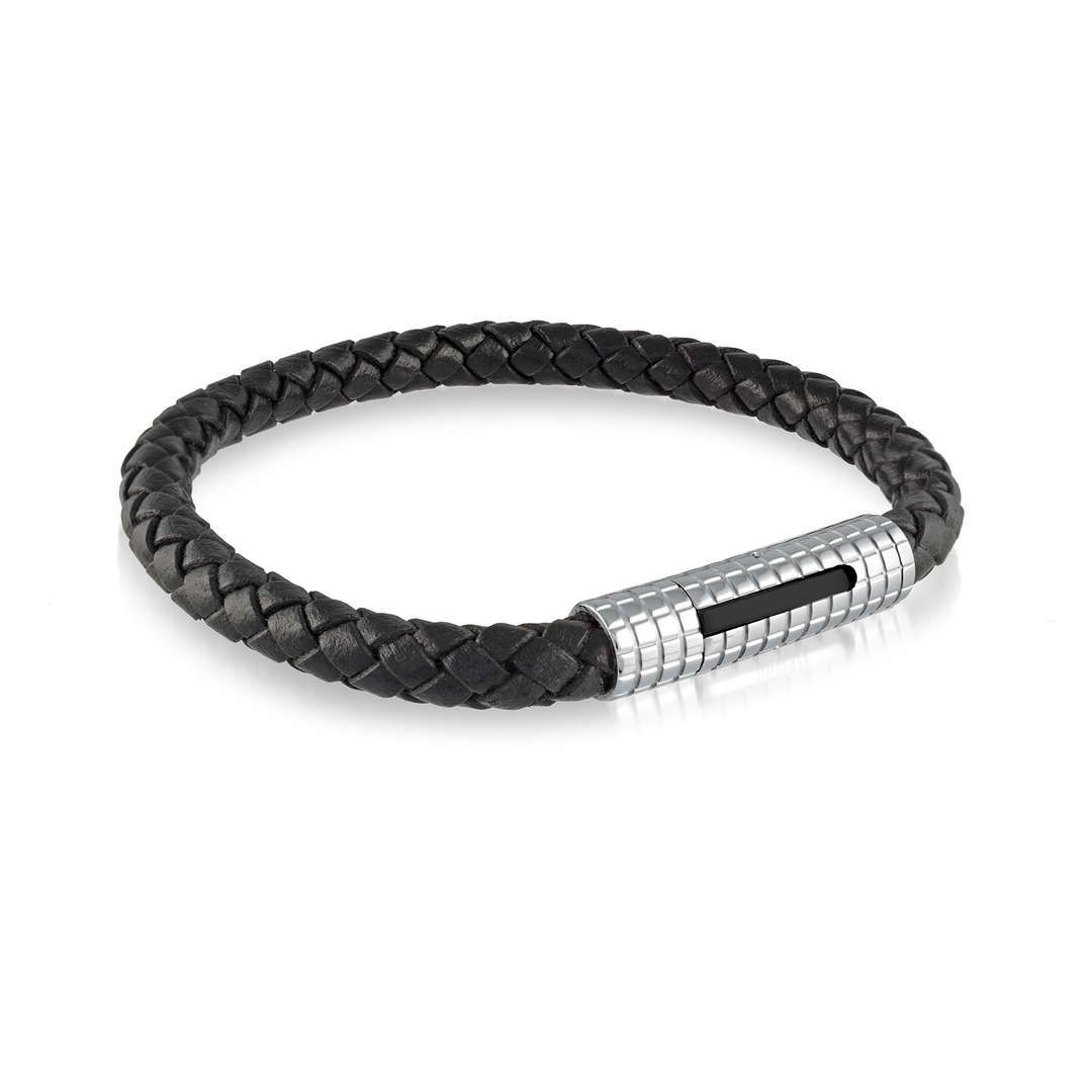 Stainless Steel And Black Plated Braided Black Leather Bracelet