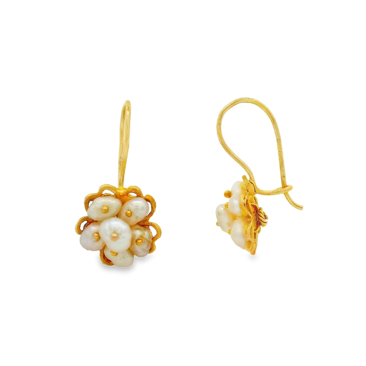Estate - 16K Yellow Gold Drop Earrings With Biwa Freshwater Pearls