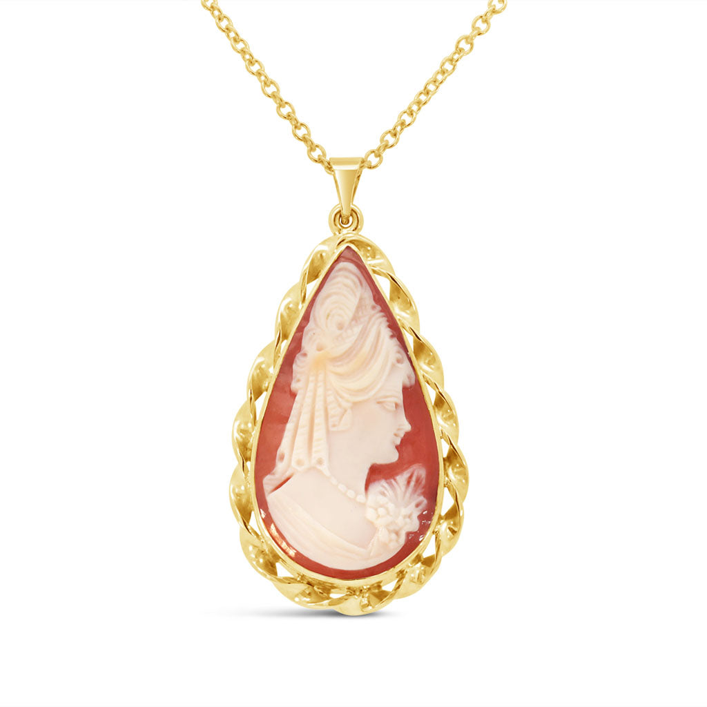 Estate - 19K Yellow Gold Large Teardrop Cameo Pendant