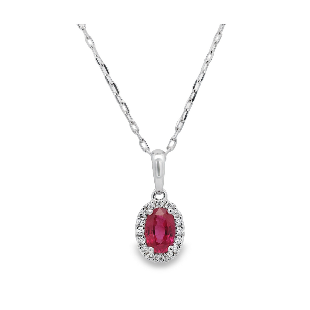 18K White Gold 0.49 CTW Oval Ruby And 0.08 CTW Diamond Halo Pendant