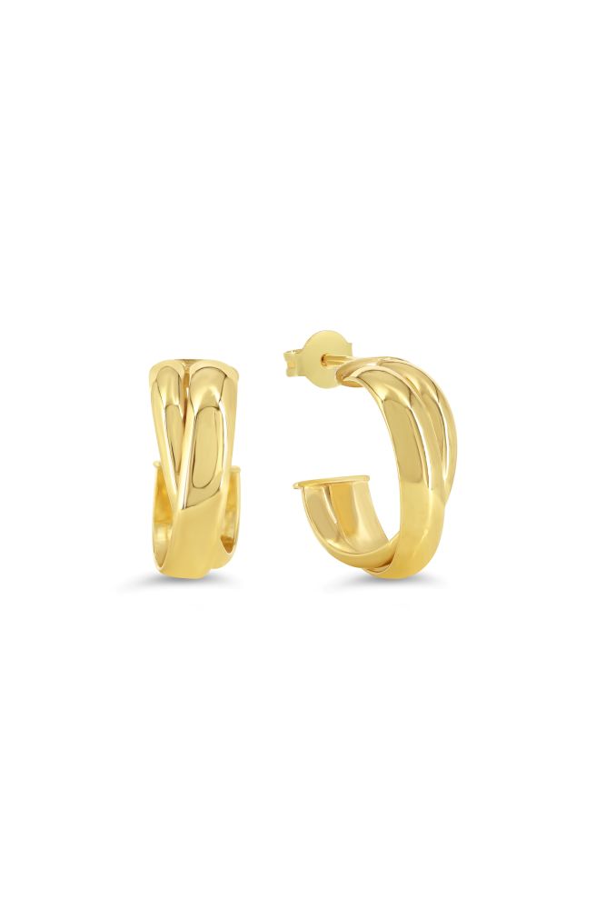 sempreORO Sterling Silver 14 Karat Gold Bonded 10mm Crossover Stud Hoop Earrings