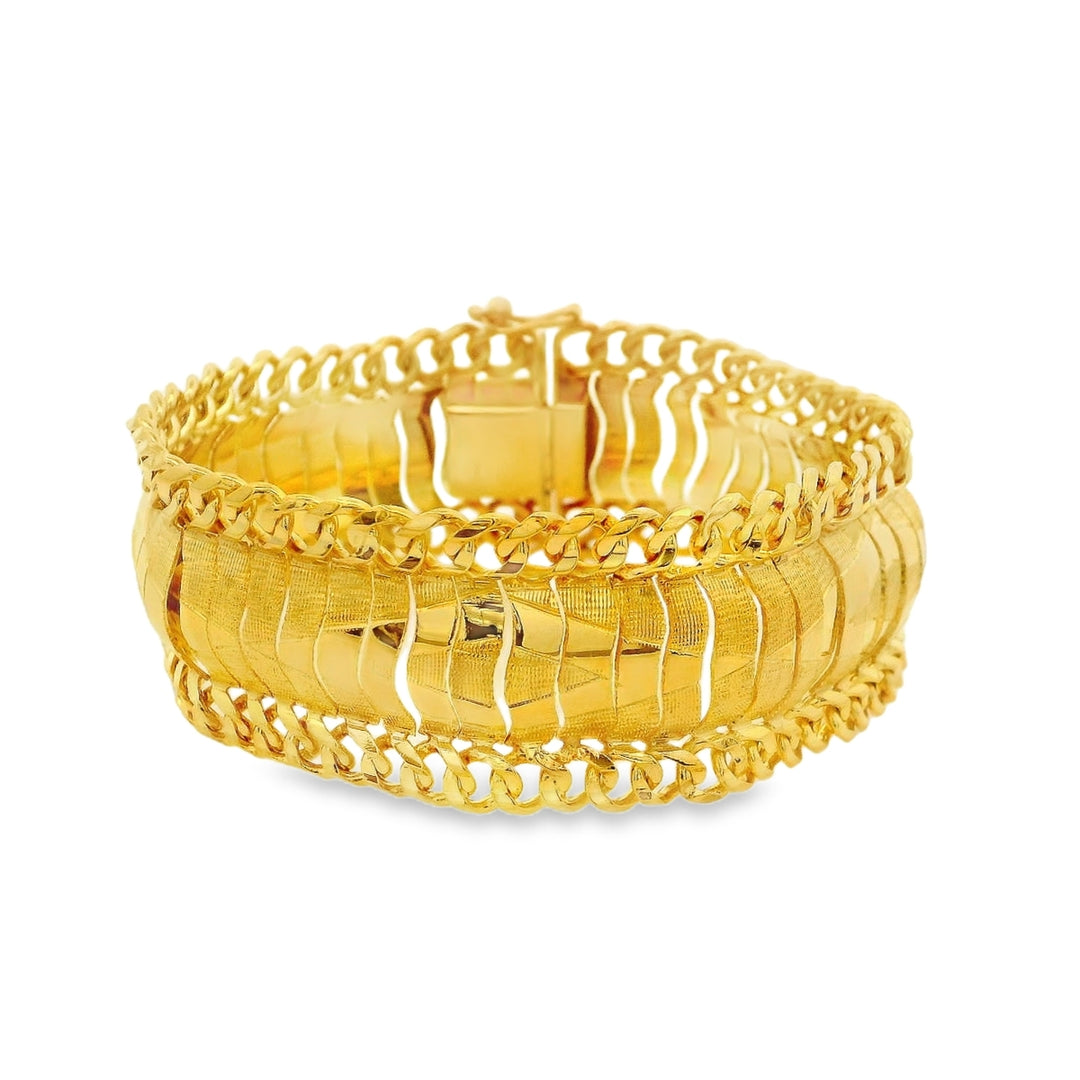 Estate - 18 Karat Yellow Gold Polished And Textured Finish Wide Fancy Link 6.5" Bracelet