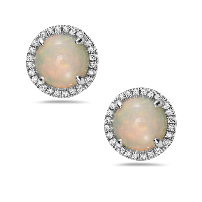 14K White Gold  - Bassali Jewelry Collection - 0.96 CTW Round Jelly Opal And 0.10 TDW Diamond Stud Earrings