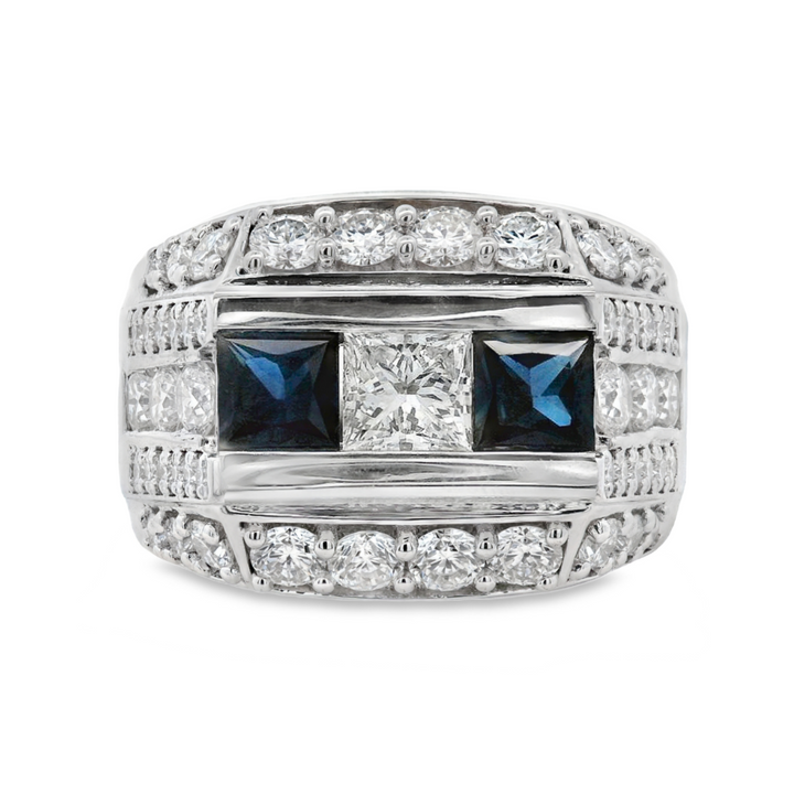 14K White Gold 1.42 CTW Sapphire And 3.42 CTW Diamond Men's Ring.
