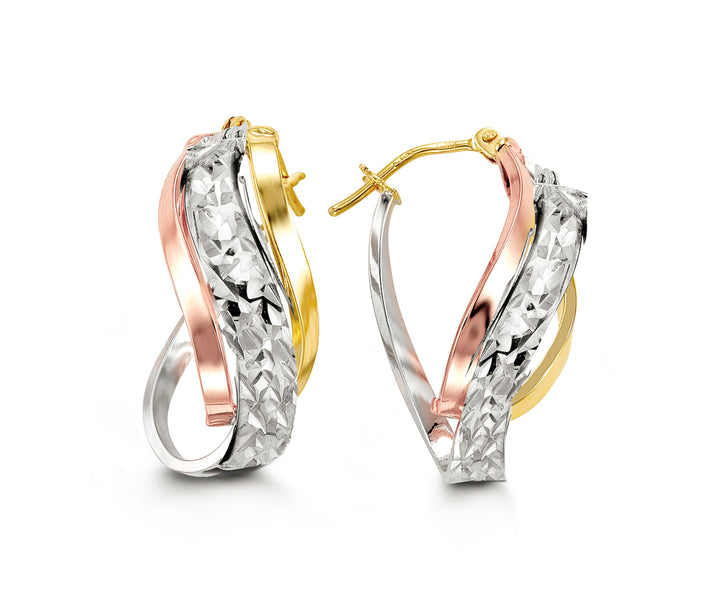 10K Tri-color Gold Polished Diamond Cut Curved Oval Hoop Earrings