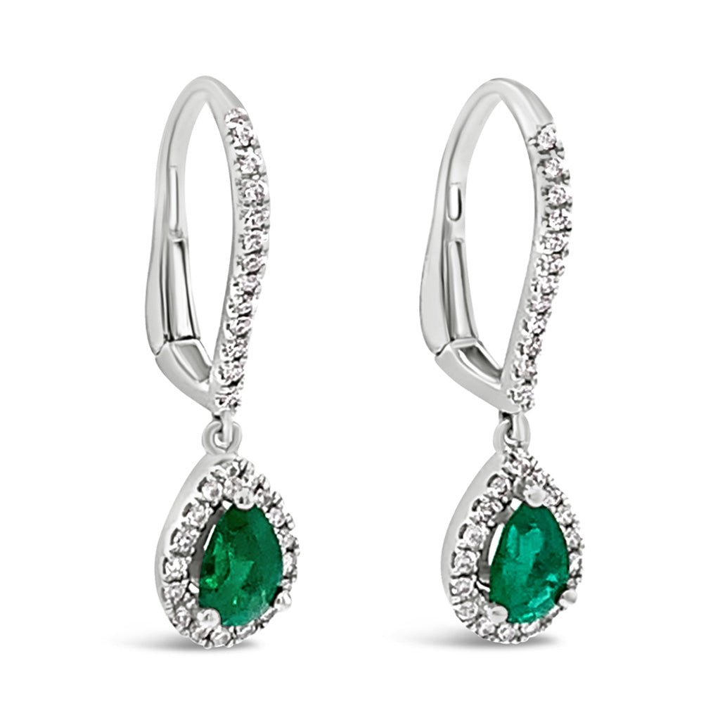 18K White Gold 0.66 CTW Pear Emerald And 0.22 TDW Diamond Drop Earrings