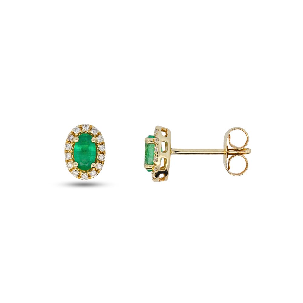 10K Yellow Gold 5x3mm Oval Emerald And 0.11 CTW Diamond Stud Earrings