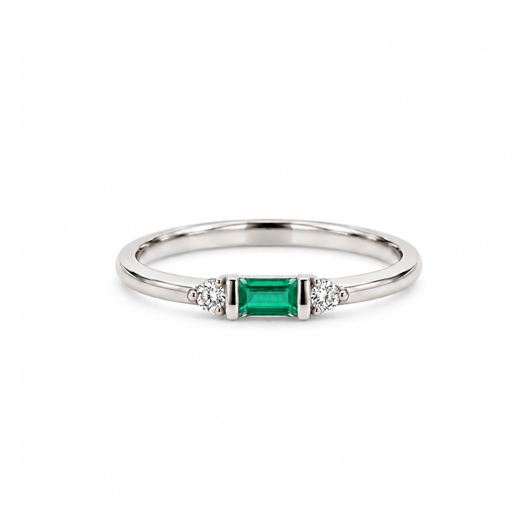 14K White Gold 0.15 CTW Emerald And 0.05 CTW Diamond Ring