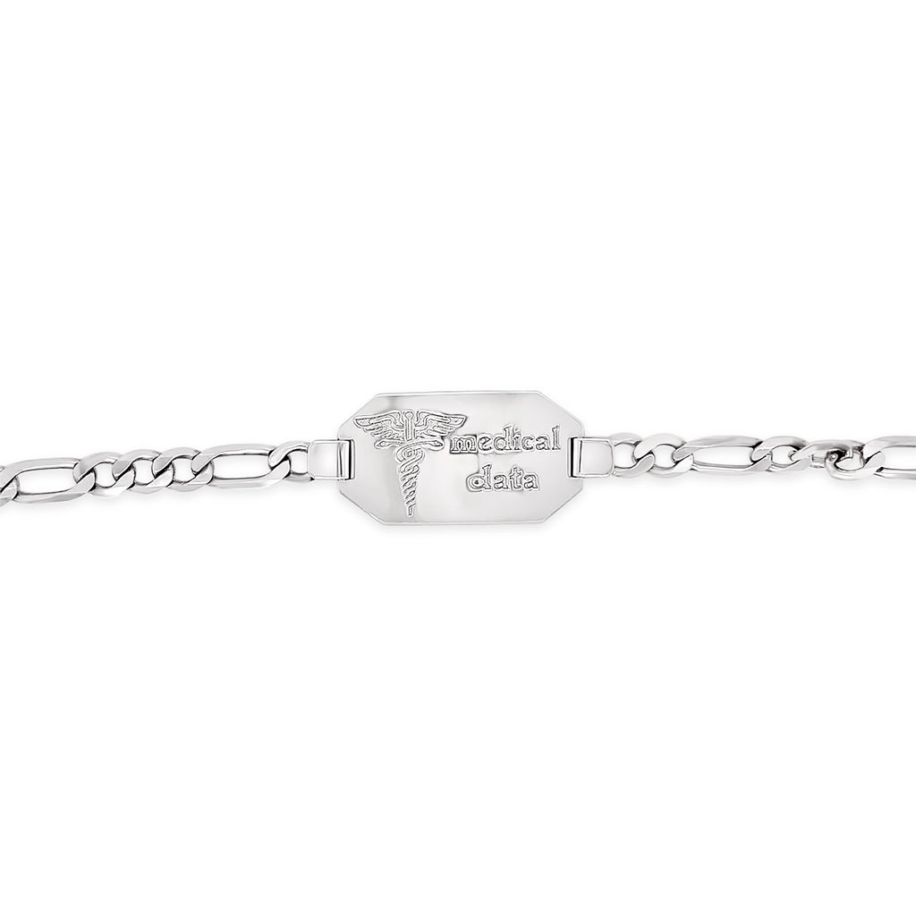 10K White Gold Figaro Link 8.5" Medical Data Bracelet.