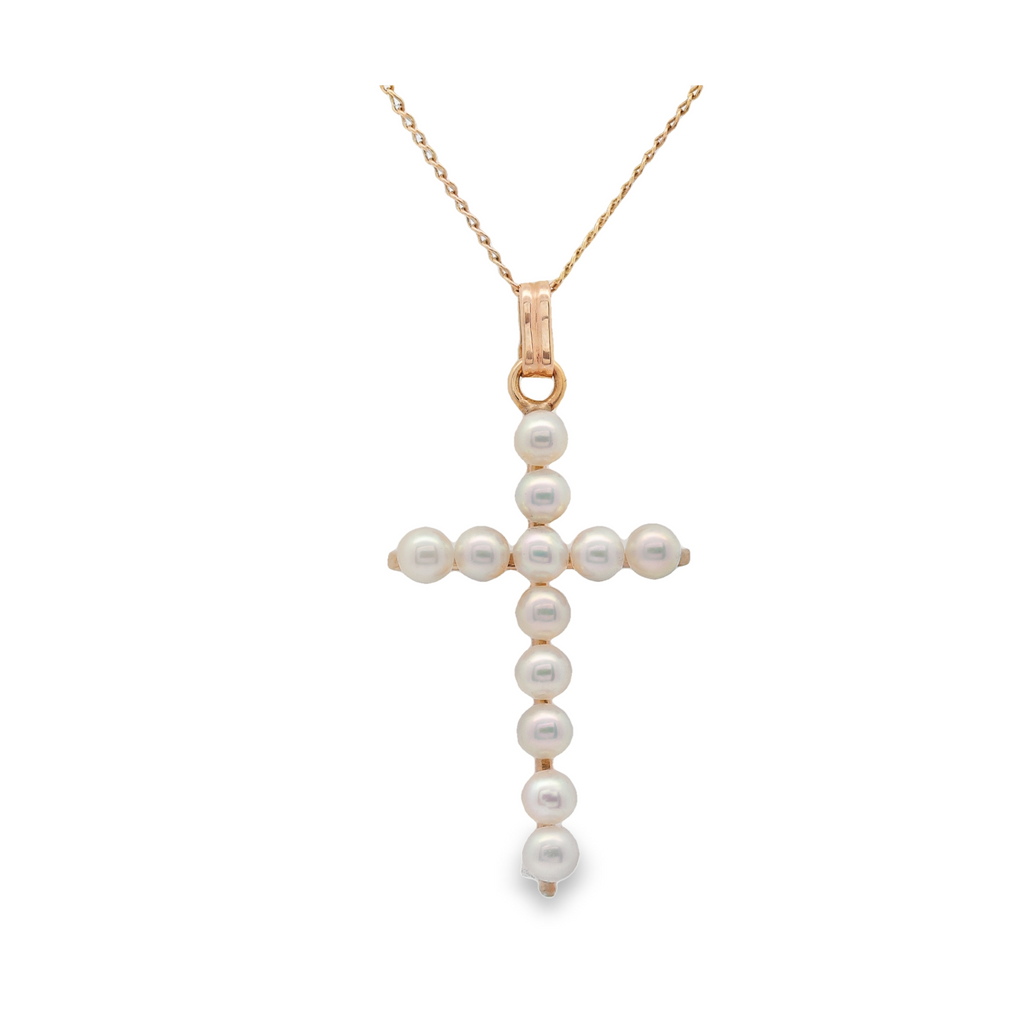 Estate - 14K Cross Pendant With Pearls And 10K Yellow Gold Chain