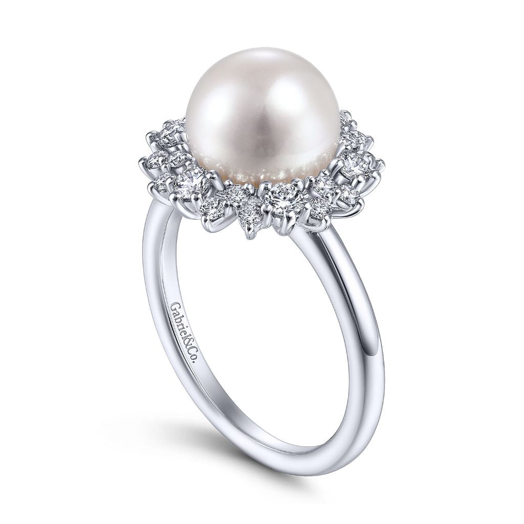 Women's 14K White Gold White 9mm Cultured Pearl And 0.47 TDW Diamond Ring