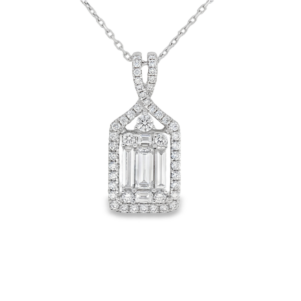 18K White Gold Baguette Cut And Round Brilliant Cut 1.15 CTW Diamond Pendant