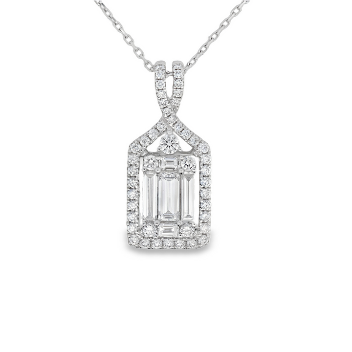 18K White Gold Baguette Cut And Round Brilliant Cut 1.15 CTW Diamond Pendant
